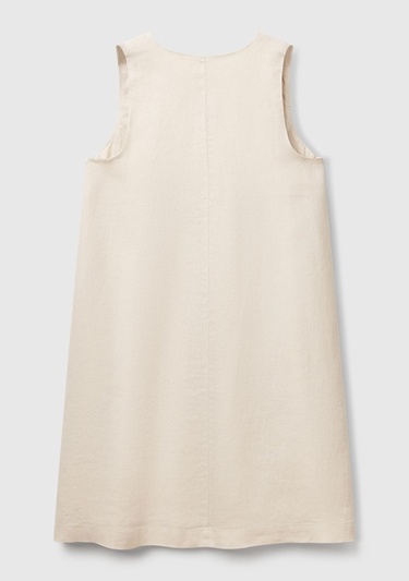  Kadın Taş Rengi %100 Keten Yanı Fermuarlı A Kesim V Yaka Kısa Elbise