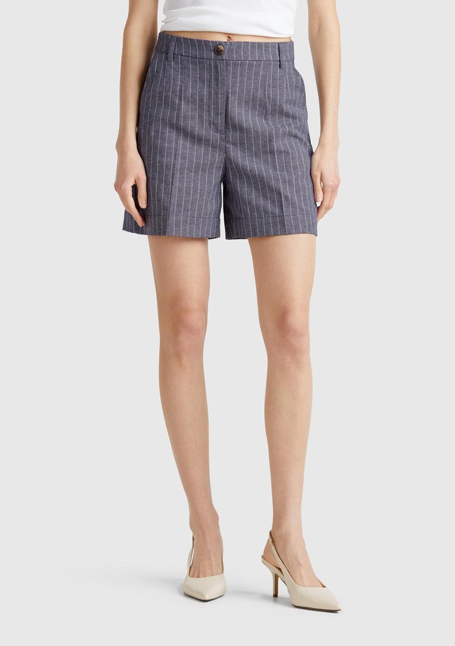  Kadın Lacivert Pamuk ve Keten Karışımlı İnce Çizgi Yüksek Bel Bermuda Şort