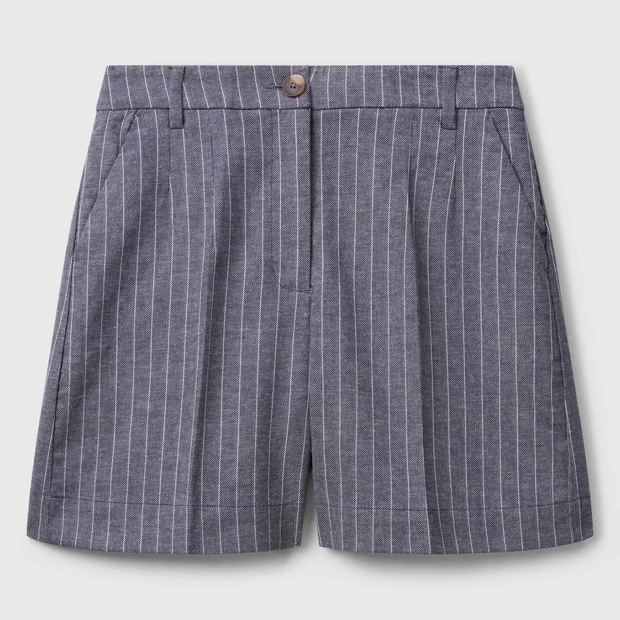 Kadın Lacivert Pamuk ve Keten Karışımlı İnce Çizgi Yüksek Bel Bermuda Şort