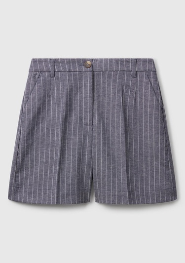  Kadın Lacivert Pamuk ve Keten Karışımlı İnce Çizgi Yüksek Bel Bermuda Şort