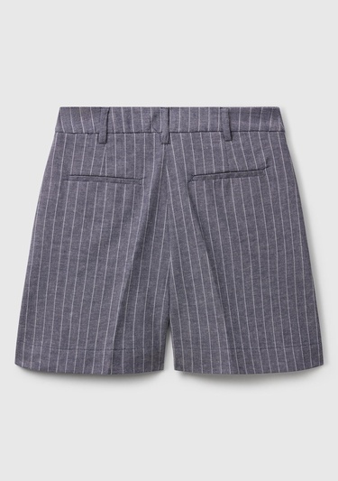  Kadın Lacivert Pamuk ve Keten Karışımlı İnce Çizgi Yüksek Bel Bermuda Şort