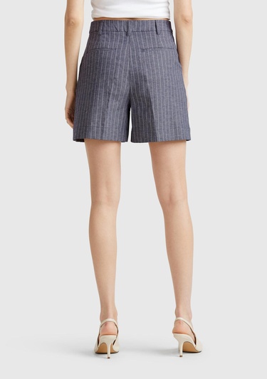  Kadın Lacivert Pamuk ve Keten Karışımlı İnce Çizgi Yüksek Bel Bermuda Şort
