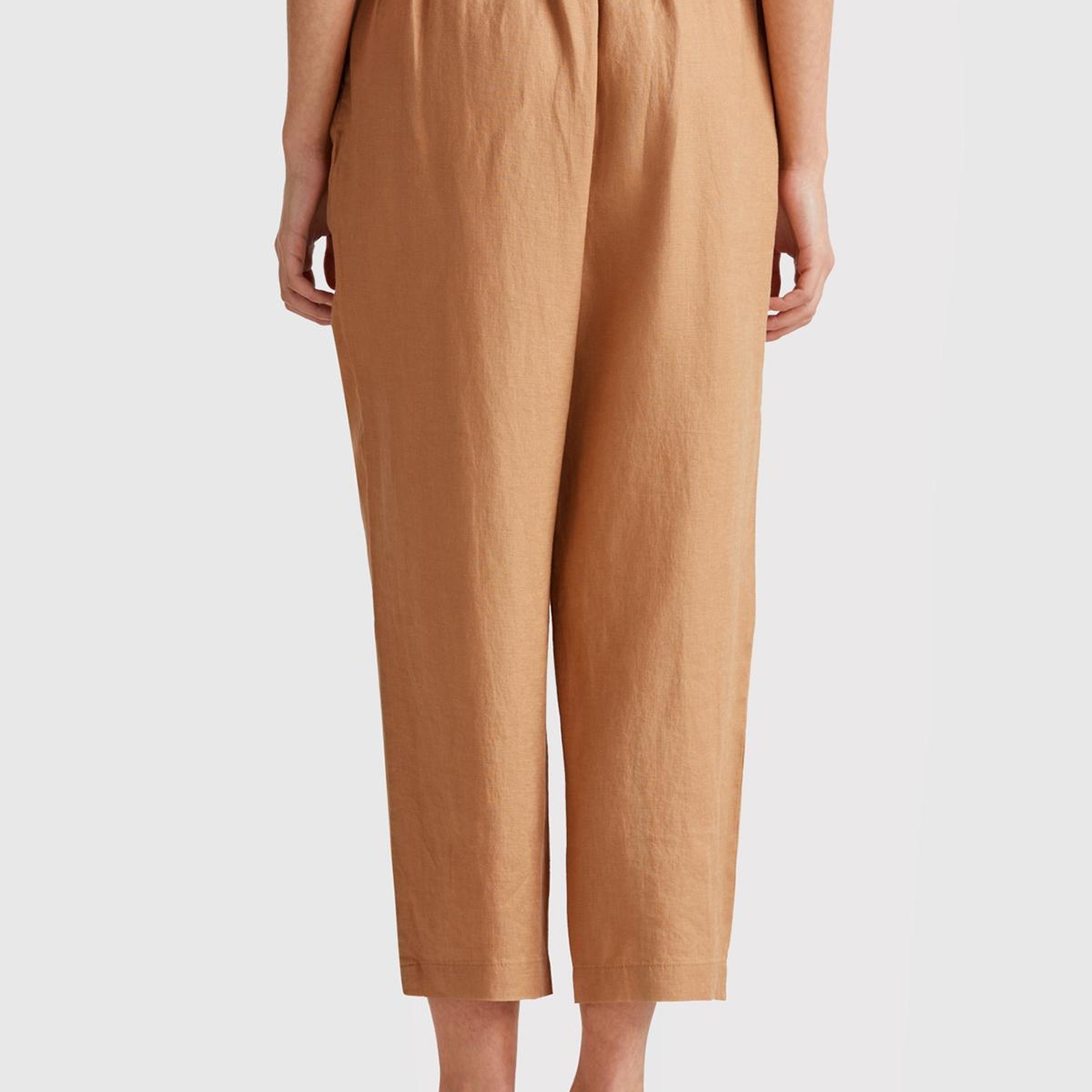 Kadın Bej %100 Keten Arka Beli Lastikli Paçası Dar Relax Fit Pantolon