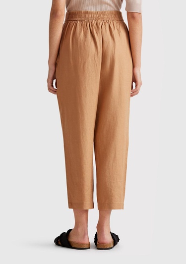 Kadın Bej %100 Keten Arka Beli Lastikli Paçası Dar Relax Fit Pantolon