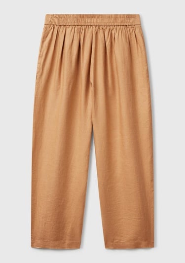  Kadın Bej %100 Keten Arka Beli Lastikli Paçası Dar Relax Fit Pantolon