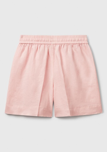  Kadın Pembe %100 Keten Büzgü İpli Cepli Bermuda Şort