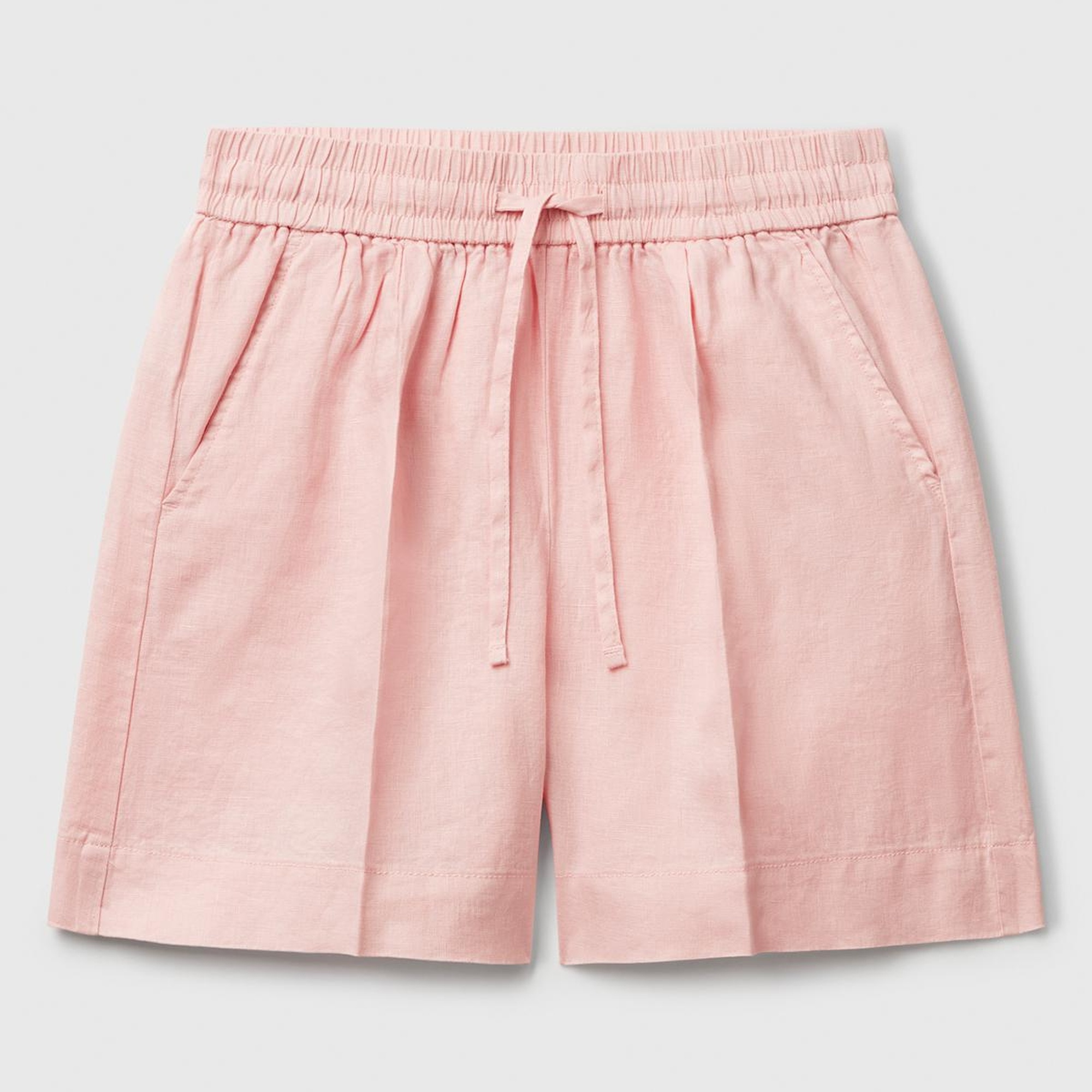 Kadın Pembe %100 Keten Büzgü İpli Cepli Bermuda Şort