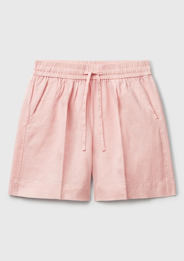  Kadın Pembe %100 Keten Büzgü İpli Cepli Bermuda Şort