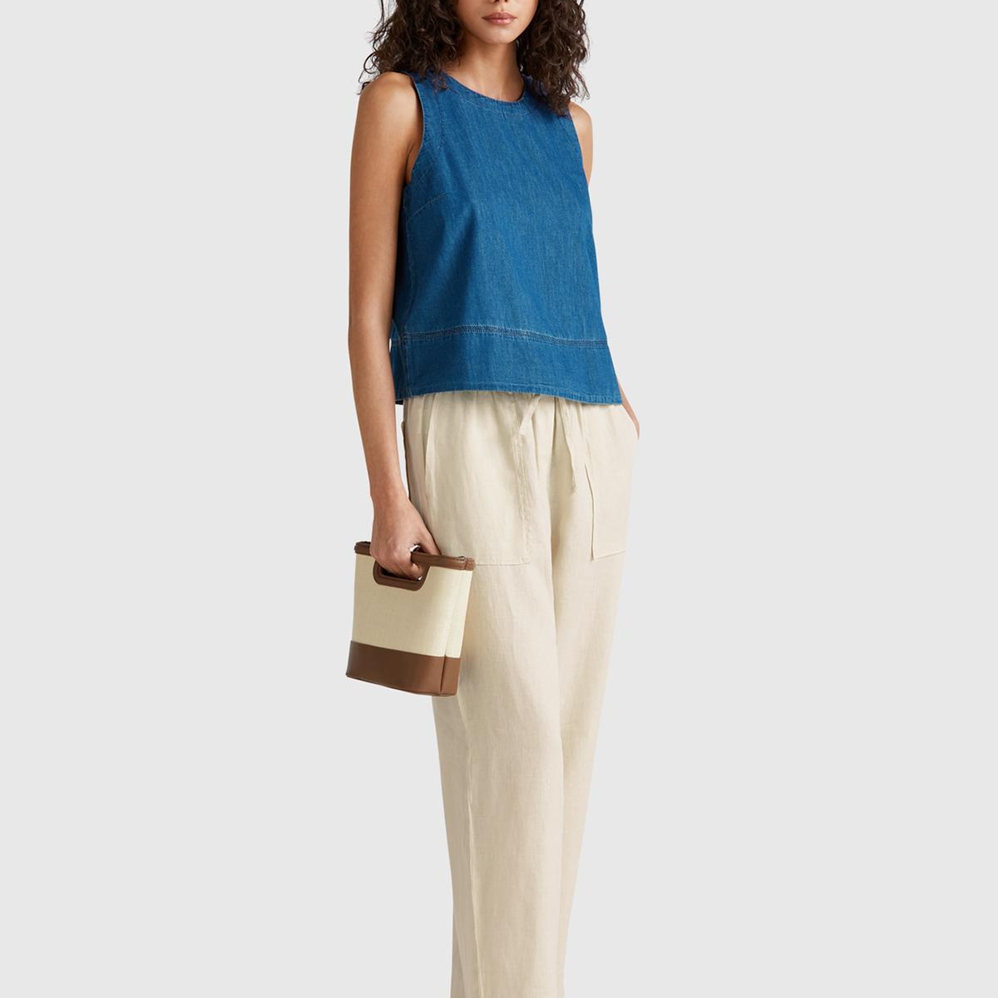 Kadın Taş Rengi %100 Keten Büzgü İpli Cepli  Pantolon