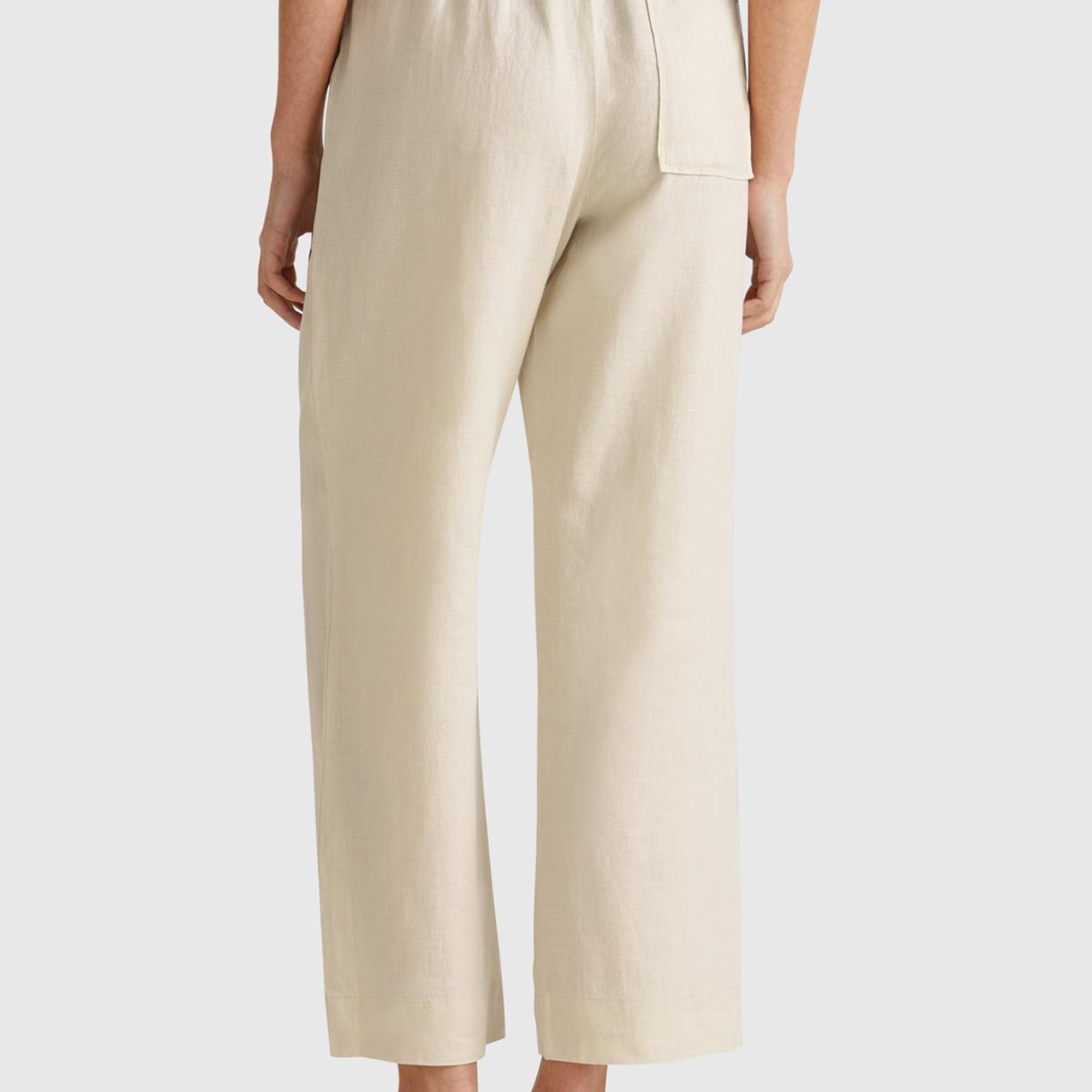 Kadın Taş Rengi %100 Keten Büzgü İpli Cepli  Pantolon