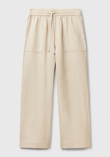  Kadın Taş Rengi %100 Keten Büzgü İpli Cepli  Pantolon