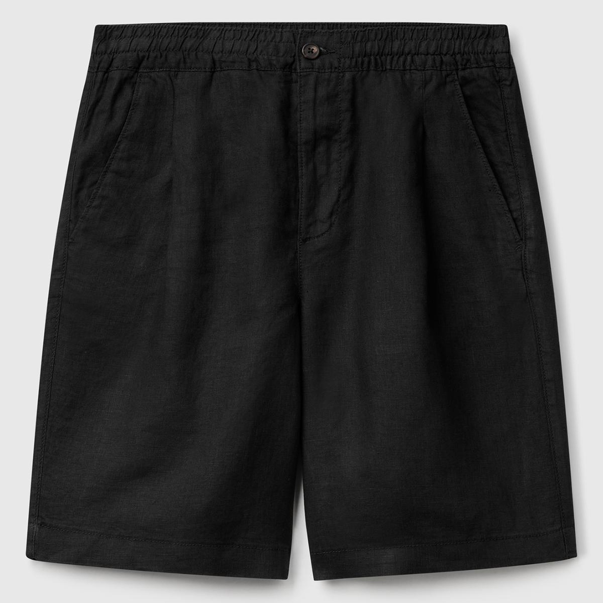 Erkek Siyah %100 Keten Büzgü İpli Düğmeli Pile Detaylı Bermuda Şort