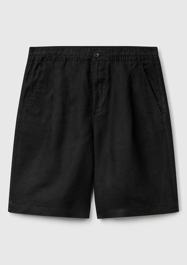  Erkek Siyah %100 Keten Büzgü İpli Düğmeli Pile Detaylı Bermuda Şort