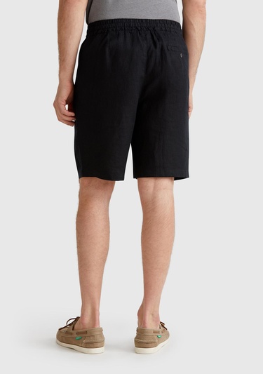  Erkek Siyah %100 Keten Büzgü İpli Düğmeli Pile Detaylı Bermuda Şort