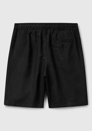  Erkek Siyah %100 Keten Büzgü İpli Düğmeli Pile Detaylı Bermuda Şort