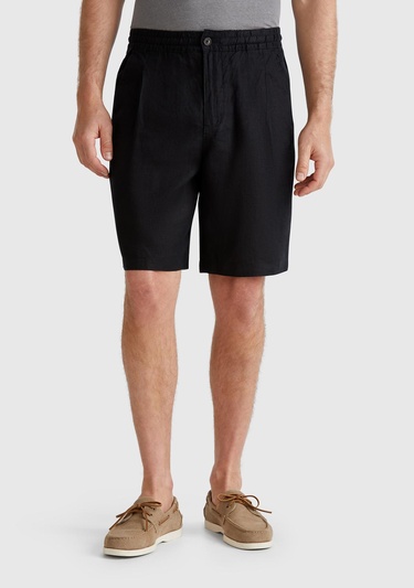  Erkek Siyah %100 Keten Büzgü İpli Düğmeli Pile Detaylı Bermuda Şort