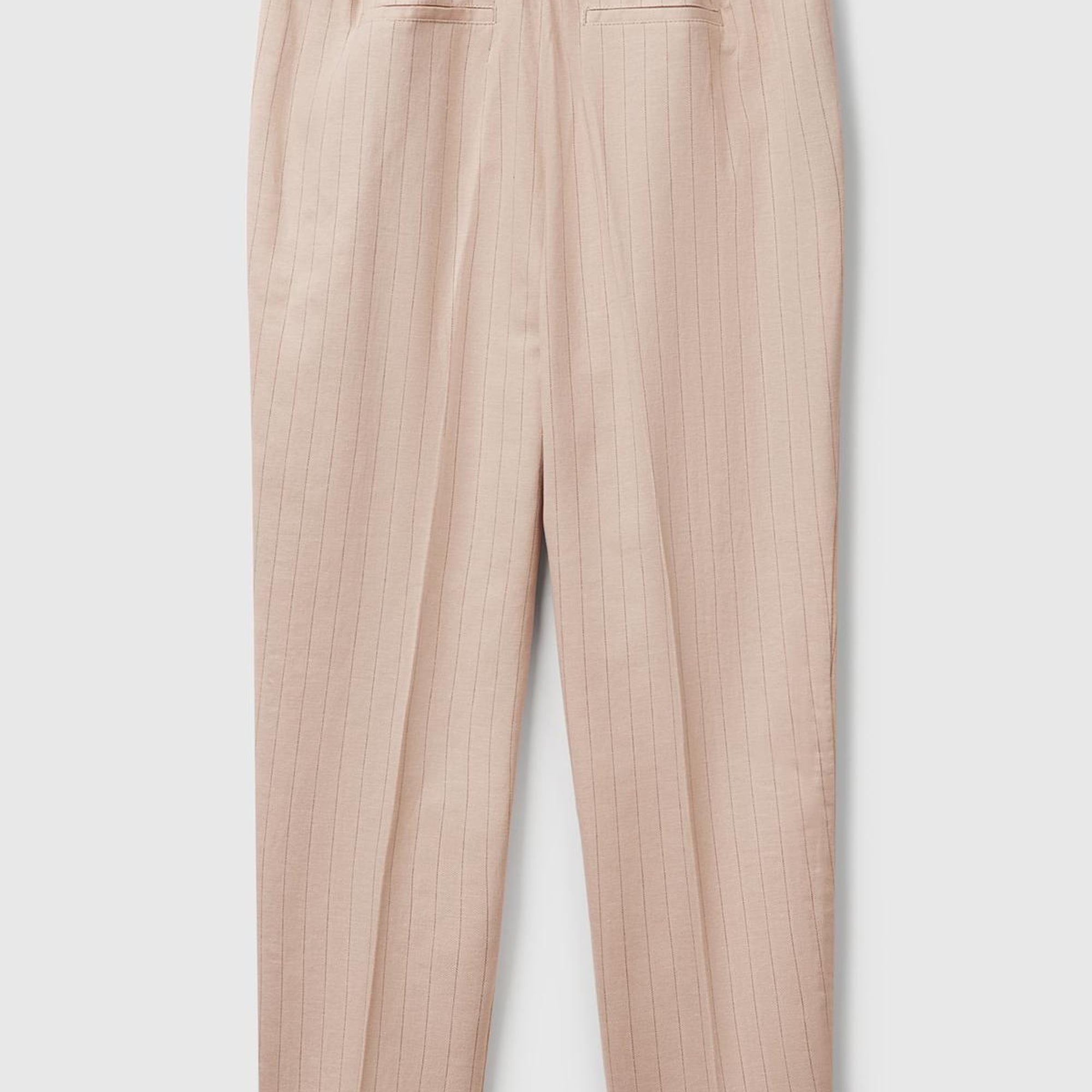 Kadın Bej Pamuk ve Keten Karışımlı İnce Çizgili Regular Fit Pantolon