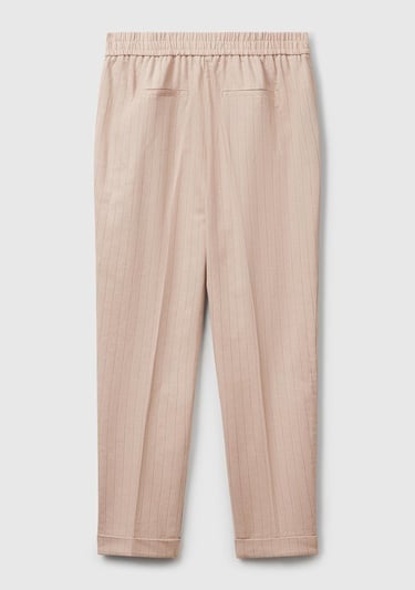  Kadın Bej Pamuk ve Keten Karışımlı İnce Çizgili Regular Fit Pantolon