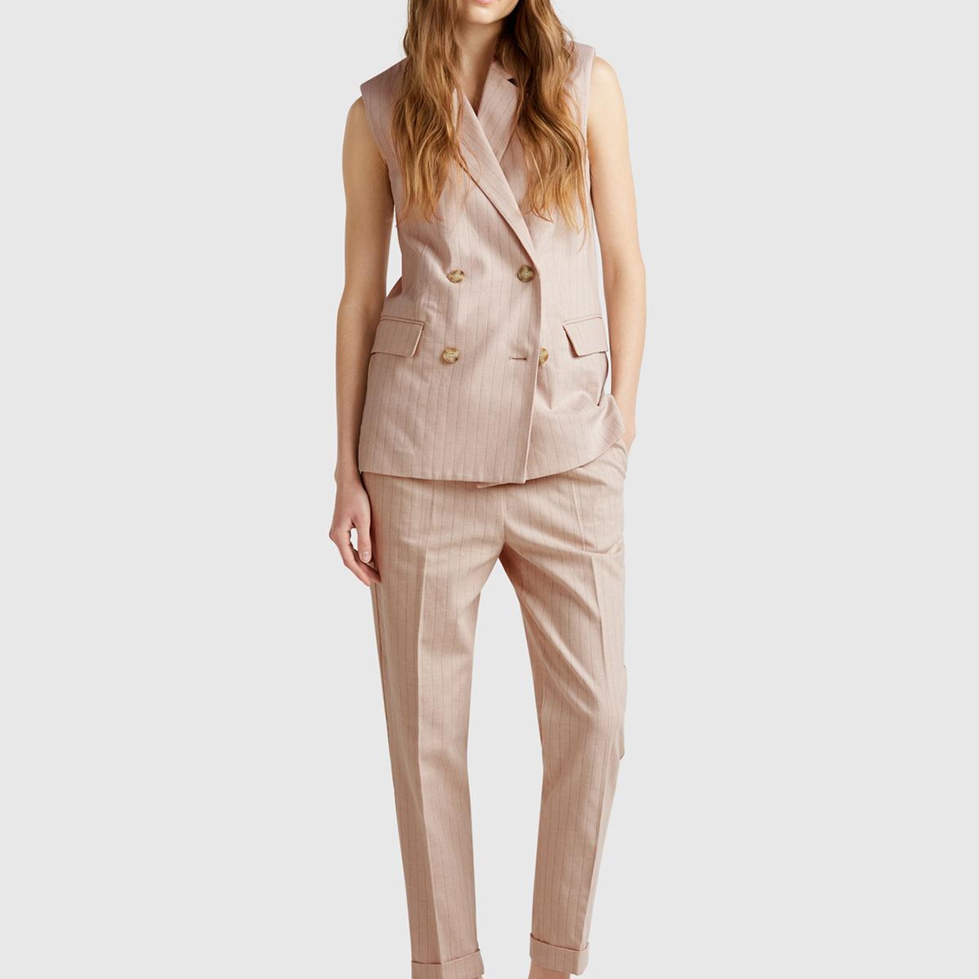 Kadın Bej Pamuk ve Keten Karışımlı İnce Çizgili Regular Fit Pantolon