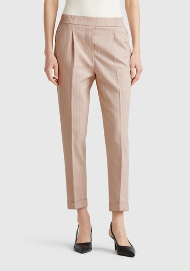  Kadın Bej Pamuk ve Keten Karışımlı İnce Çizgili Regular Fit Pantolon