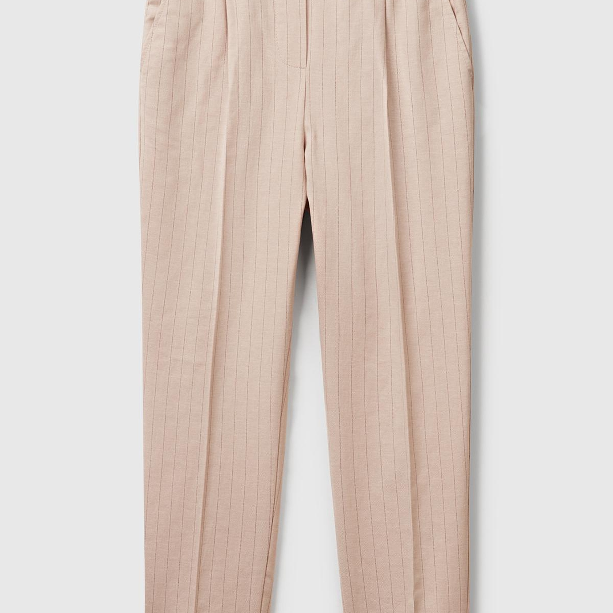 Kadın Bej Pamuk ve Keten Karışımlı İnce Çizgili Regular Fit Pantolon