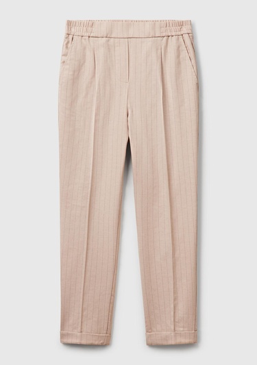  Kadın Bej Pamuk ve Keten Karışımlı İnce Çizgili Regular Fit Pantolon