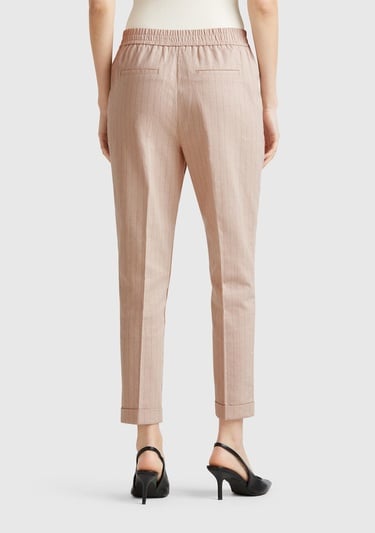  Kadın Bej Pamuk ve Keten Karışımlı İnce Çizgili Regular Fit Pantolon