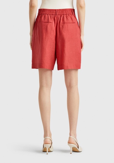  Kadın Mercan %100 Keten Arka Beli Lastikli Pileli Relax Fit Bermuda Şort