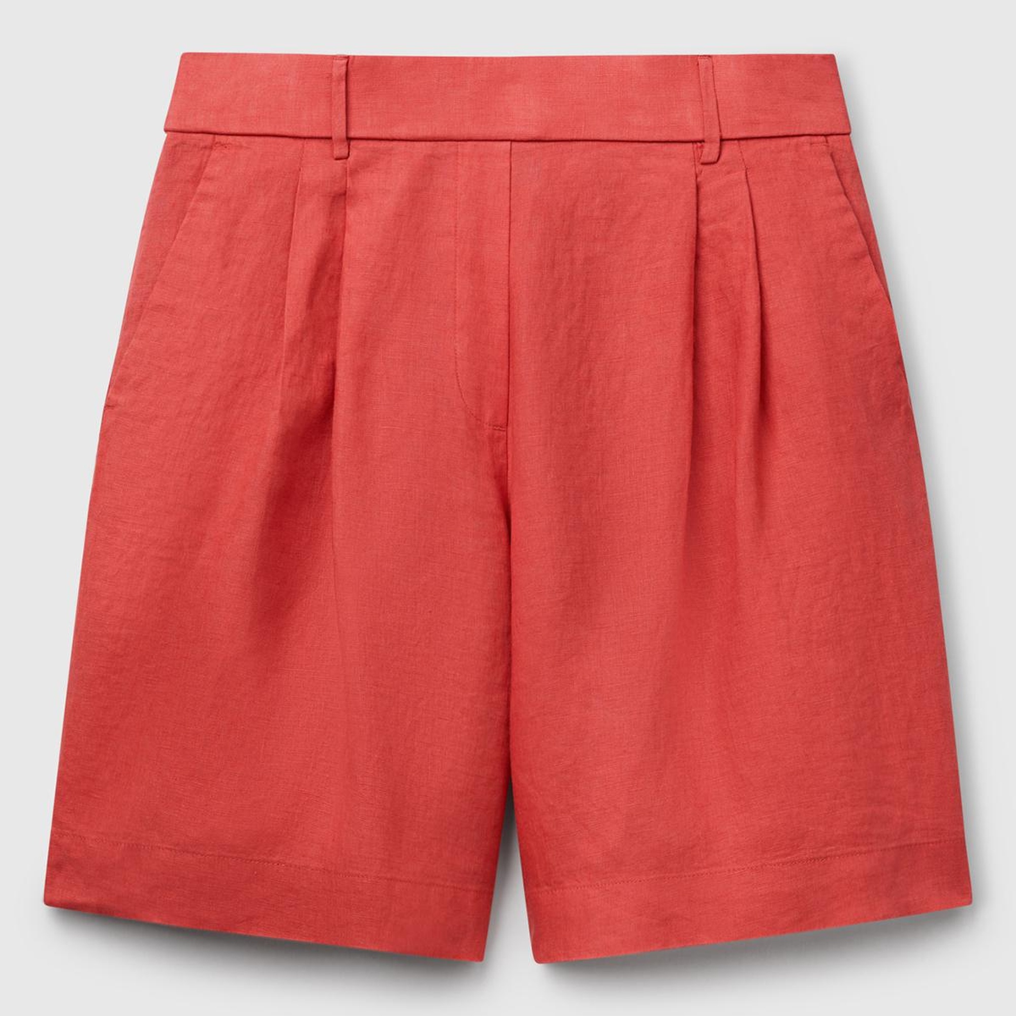 Kadın Mercan %100 Keten Arka Beli Lastikli Pileli Relax Fit Bermuda Şort