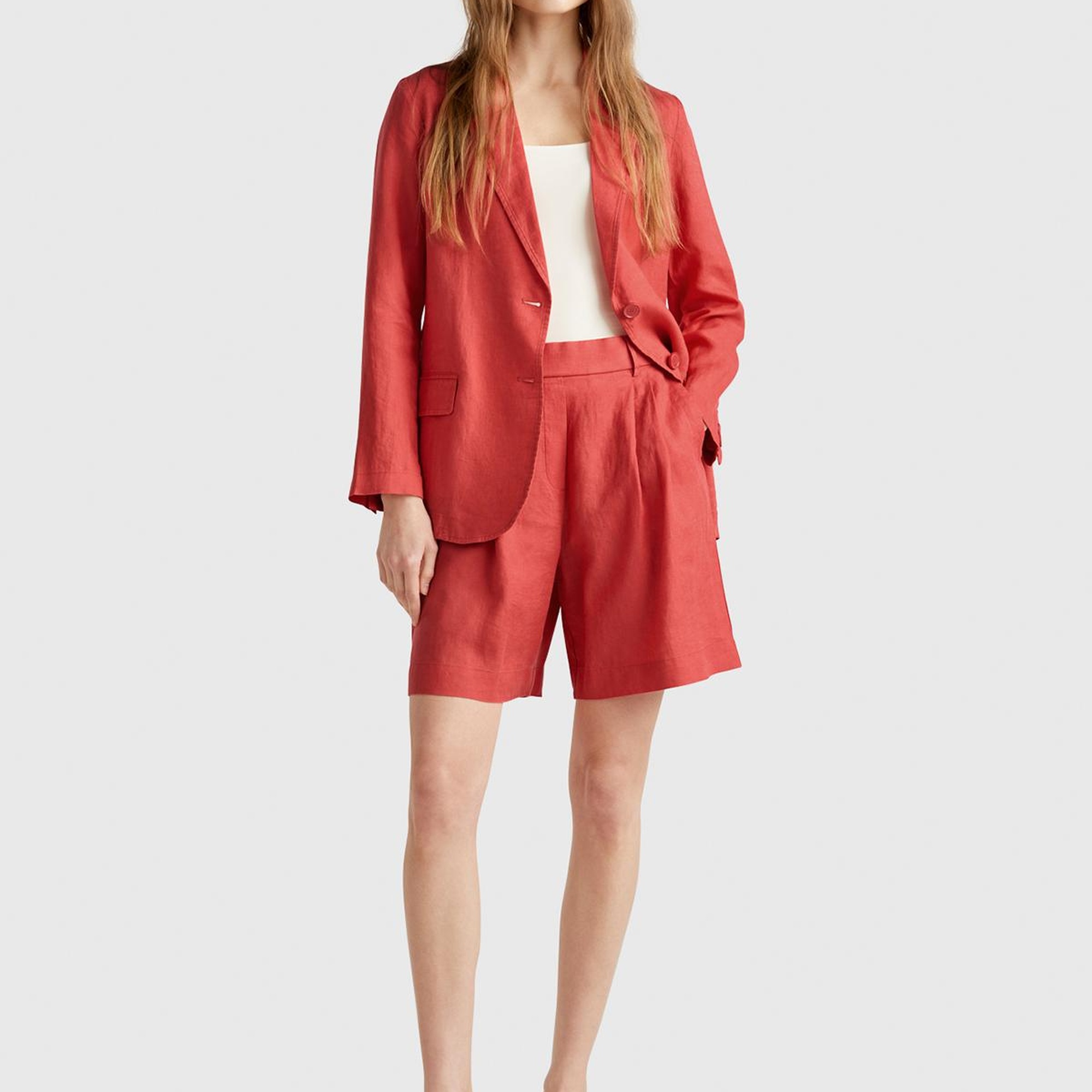 Kadın Mercan %100 Keten Arka Beli Lastikli Pileli Relax Fit Bermuda Şort