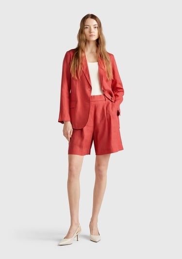  Kadın Mercan %100 Keten Arka Beli Lastikli Pileli Relax Fit Bermuda Şort