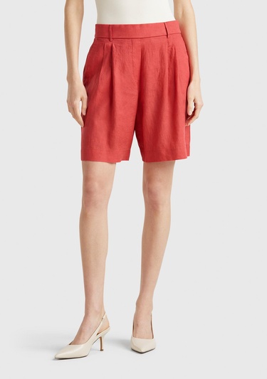  Kadın Mercan %100 Keten Arka Beli Lastikli Pileli Relax Fit Bermuda Şort
