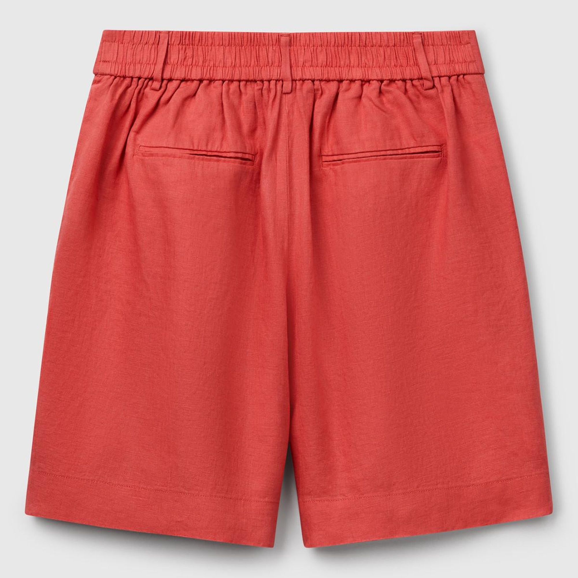 Kadın Mercan %100 Keten Arka Beli Lastikli Pileli Relax Fit Bermuda Şort