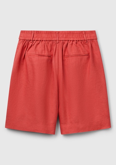  Kadın Mercan %100 Keten Arka Beli Lastikli Pileli Relax Fit Bermuda Şort