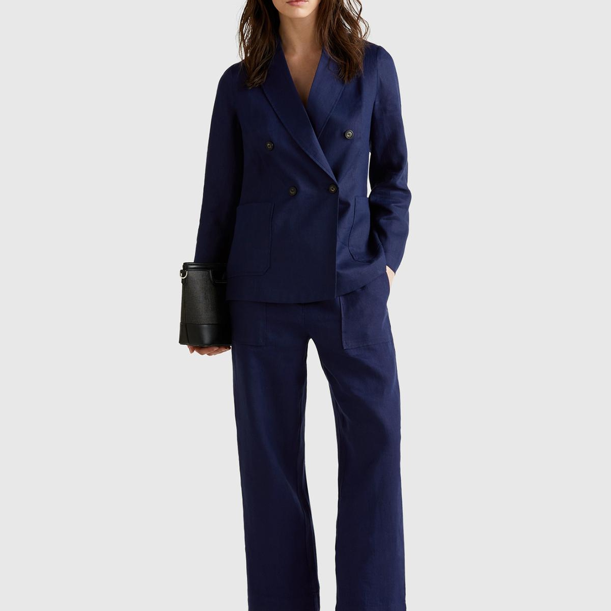 Kadın Lacivert %100 Keten Büzgü İpli Cepli  Pantolon