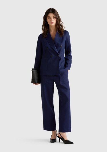  Kadın Lacivert %100 Keten Büzgü İpli Cepli  Pantolon