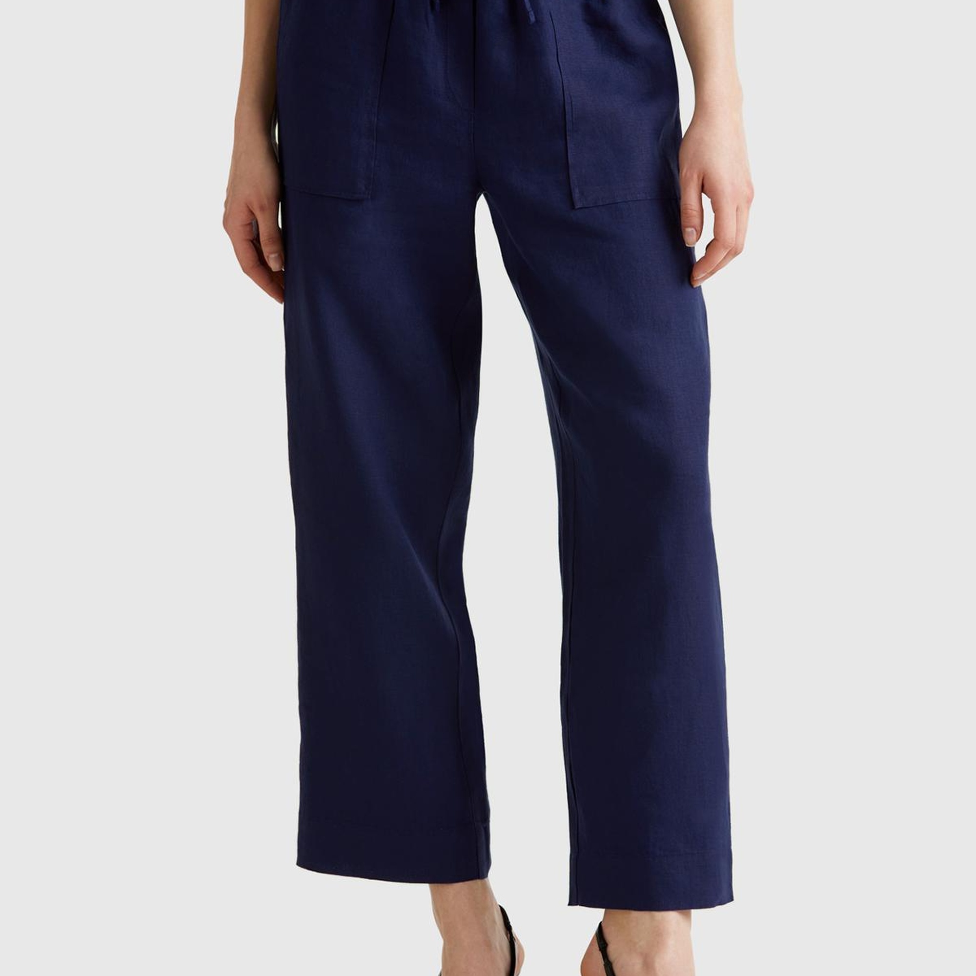 Kadın Lacivert %100 Keten Büzgü İpli Cepli  Pantolon