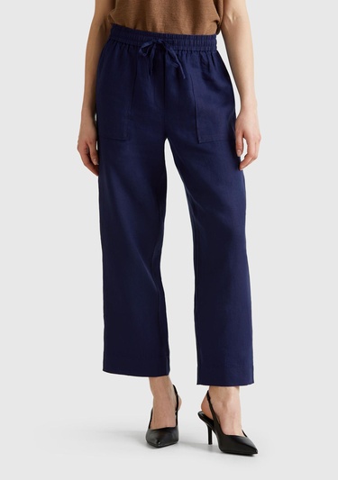  Kadın Lacivert %100 Keten Büzgü İpli Cepli  Pantolon