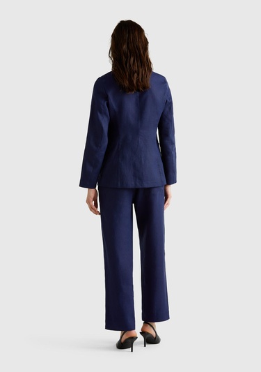  Kadın Lacivert %100 Keten Büzgü İpli Cepli  Pantolon