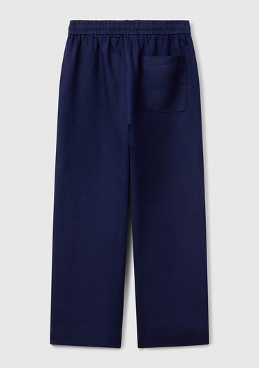  Kadın Lacivert %100 Keten Büzgü İpli Cepli  Pantolon