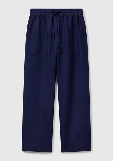  Kadın Lacivert %100 Keten Büzgü İpli Cepli  Pantolon