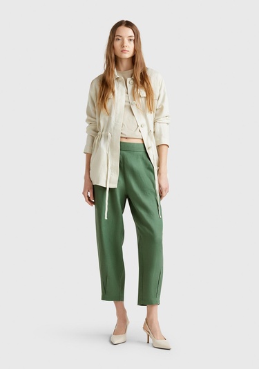  Kadın Açık Yeşil %100 Keten Arka Beli Lastikli Paçası Dar Relax Fit Pantolon