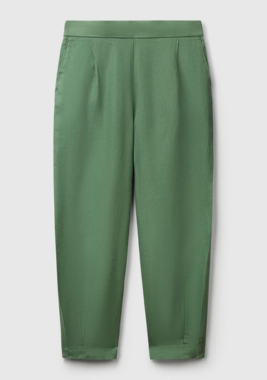  Kadın Açık Yeşil %100 Keten Arka Beli Lastikli Paçası Dar Relax Fit Pantolon