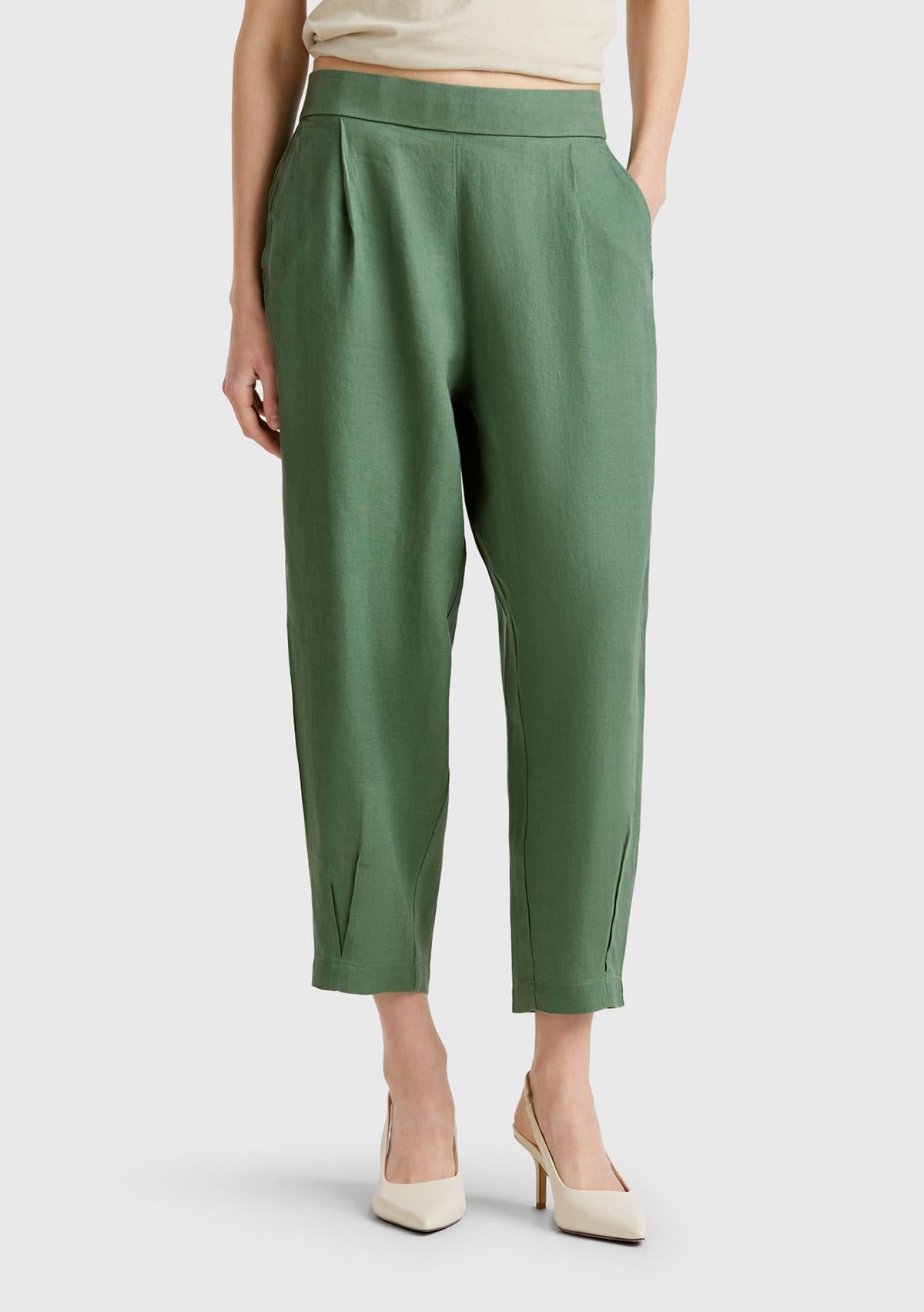  Kadın Açık Yeşil %100 Keten Arka Beli Lastikli Paçası Dar Relax Fit Pantolon