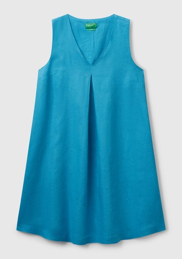  Kadın Mavi %100 Keten Yanı Fermuarlı A Kesim V Yaka Kısa Elbise