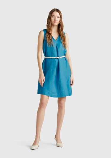  Kadın Mavi %100 Keten Yanı Fermuarlı A Kesim V Yaka Kısa Elbise