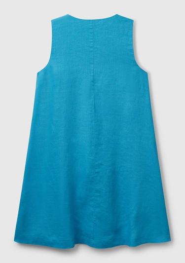  Kadın Mavi %100 Keten Yanı Fermuarlı A Kesim V Yaka Kısa Elbise