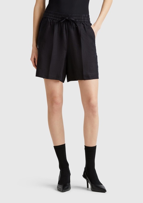  Kadın Siyah %100 Keten Büzgü İpli Cepli Bermuda Şort