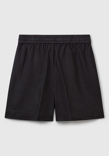  Kadın Siyah %100 Keten Büzgü İpli Cepli Bermuda Şort