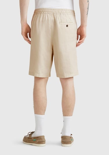  Erkek Taş Rengi %100 Keten Büzgü İpli Düğmeli Pile Detaylı Bermuda Şort